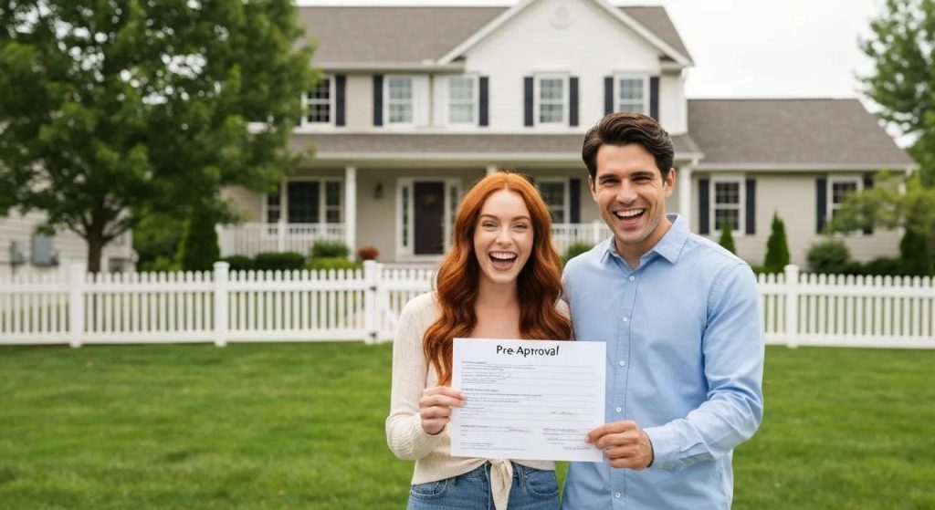 Happy couple holding a loan pre-approval letter in front of their new home, symbolizing first-time homebuyer success and readiness in California's competitive real estate market.