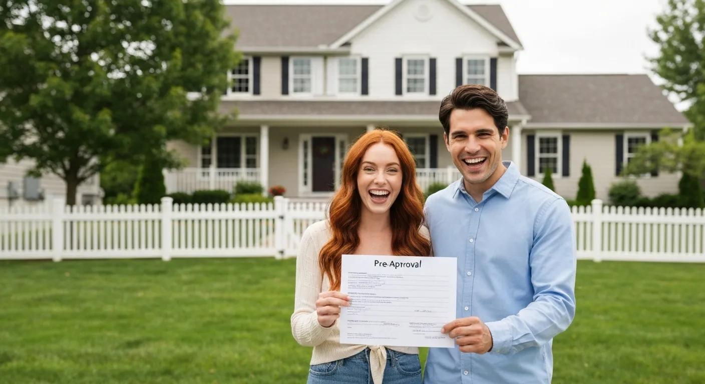 First-time homebuyer couple holding a pre-approval letter in front of their new home, celebrating their success