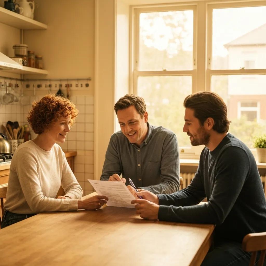 Couple discussing mortgage pre-approval with an advisor at a kitchen table, reviewing documents and engaging in conversation.