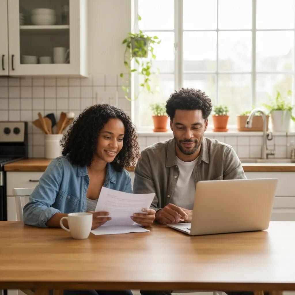 Couple reviewing mortgage documents at kitchen table, symbolizing confidence in loan pre-approval process for home buying.
