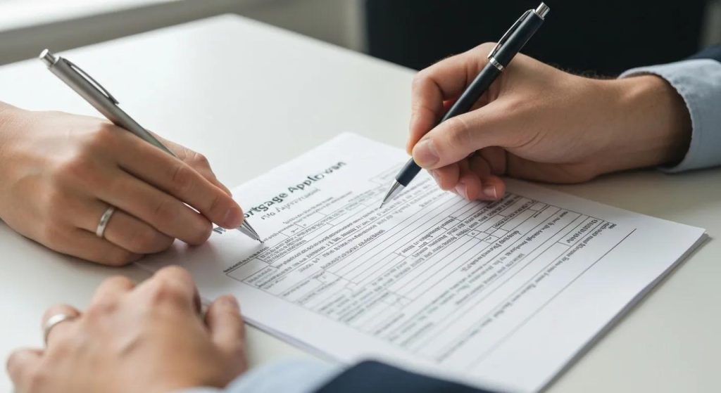Hands filling out a mortgage application form, emphasizing the importance of documentation in the loan pre-approval process.