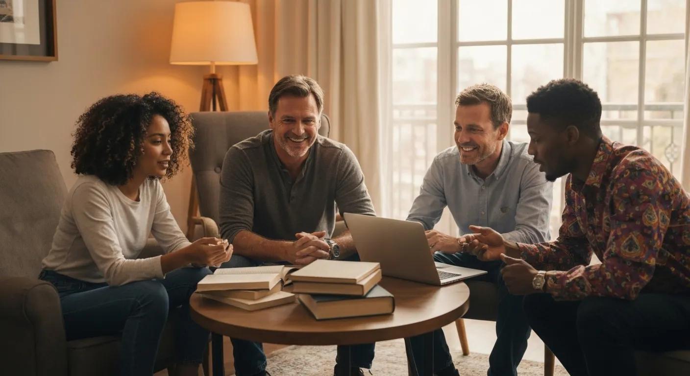 Diverse group discussing home buying in a cozy living room