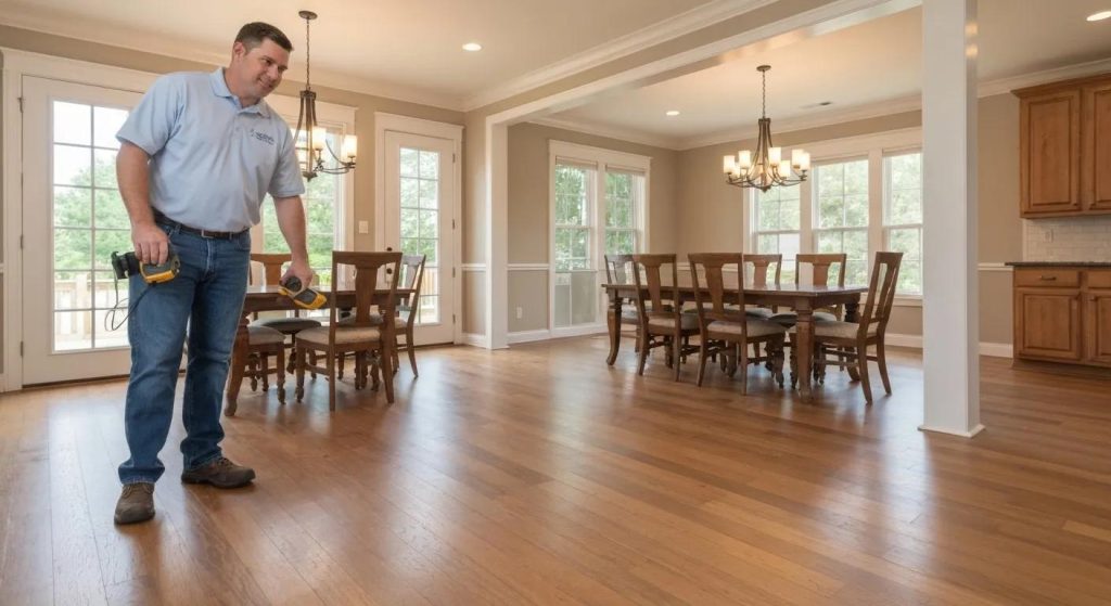 Home inspector examining hardwood floor in well-lit dining area, emphasizing importance of thorough inspections for first-time home buyers.