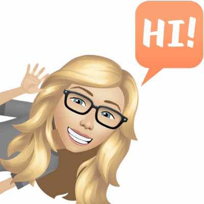 Cartoon avatar of a smiling woman with blonde hair and glasses waving, accompanied by a speech bubble saying "HI!"