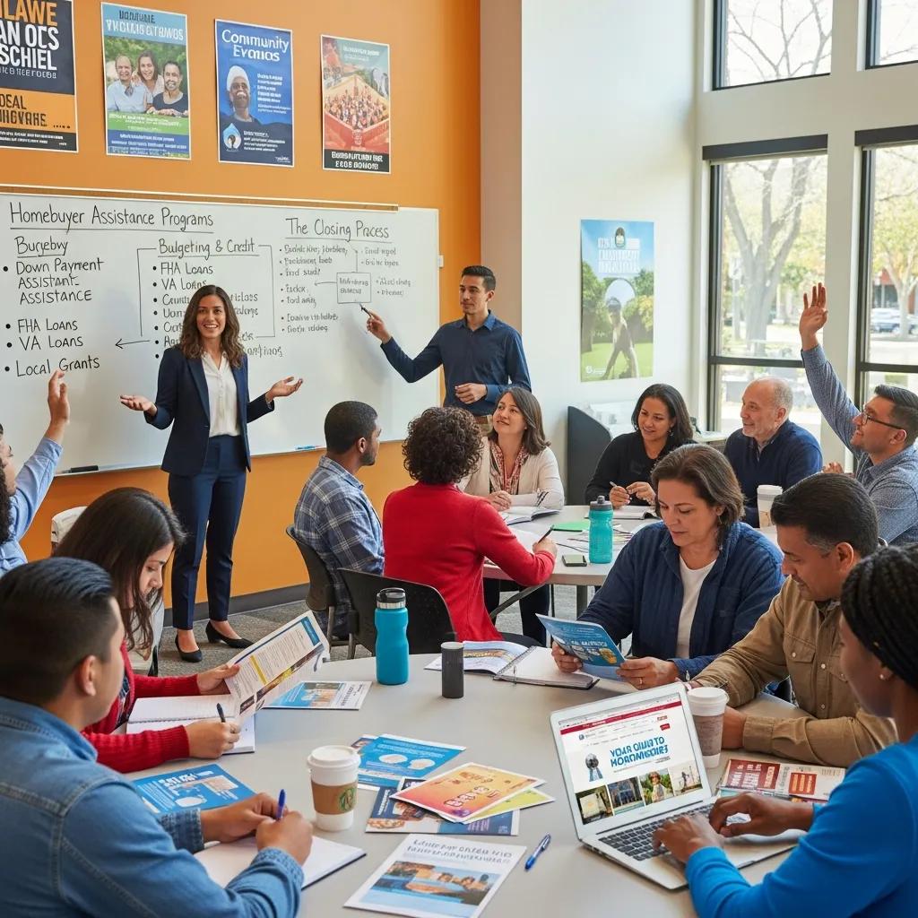 Diverse group of participants engaged in a homebuyer education workshop, discussing financial assistance programs and homeownership resources, with instructional materials on the table and a presenter at the whiteboard.