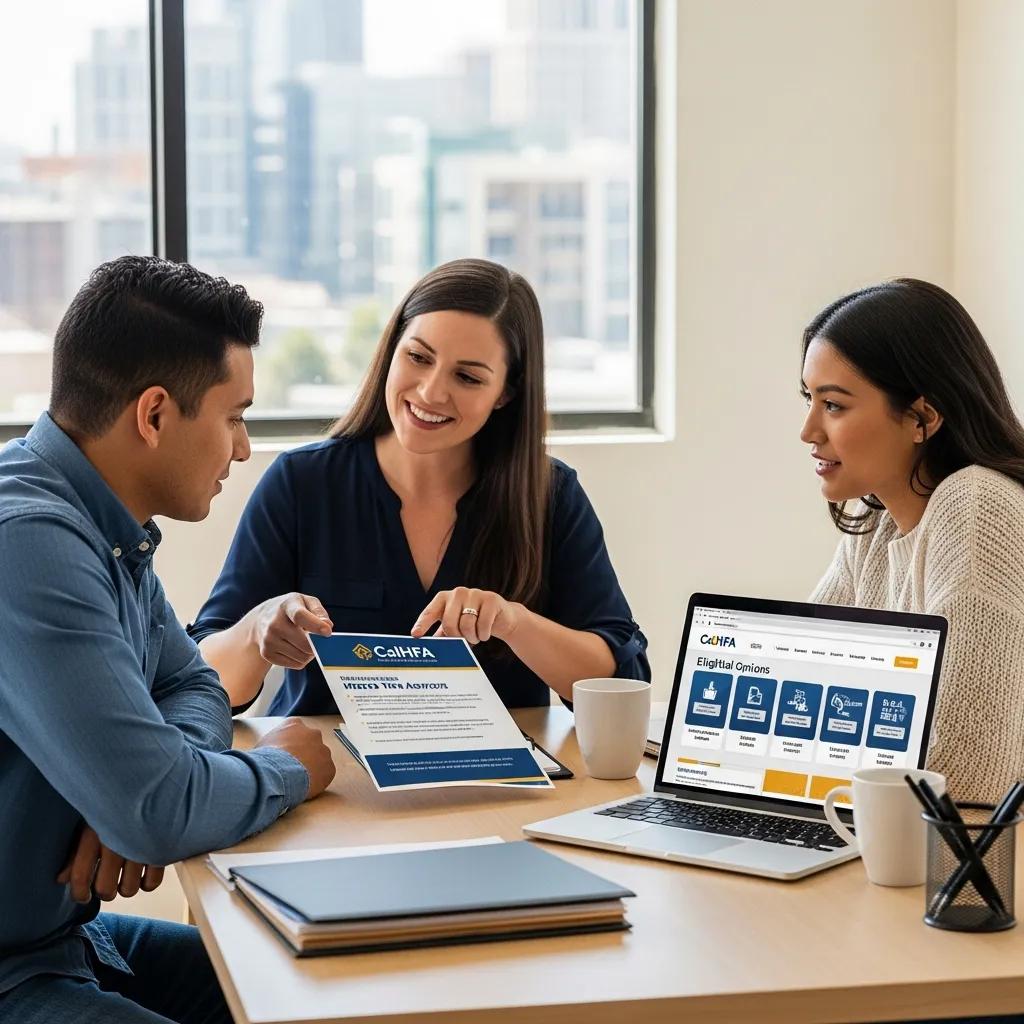 Mortgage advisor assisting first-time homebuyer couple with CalHFA programs, discussing financial options and down payment assistance at a table with a laptop displaying eligibility information.