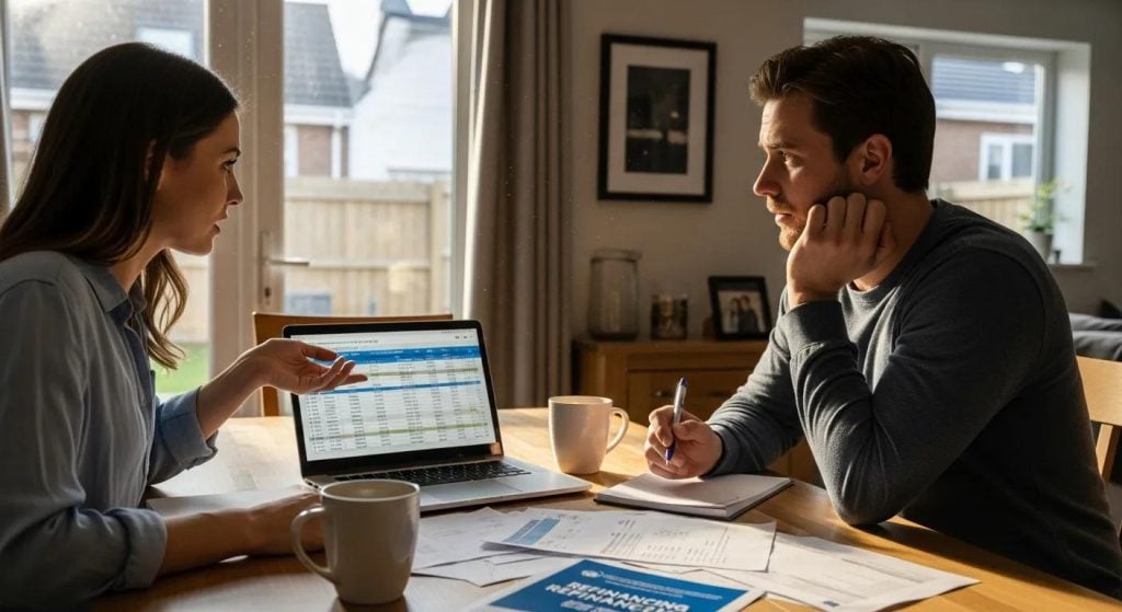 Woman discussing mortgage refinancing options with a man at a table, laptop displaying financial data, coffee mugs and paperwork visible.