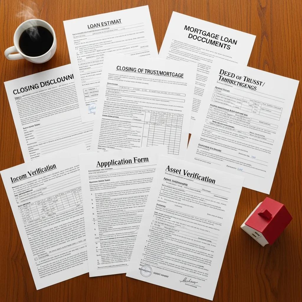 Different types of mortgage loan documents on a table, including loan estimate, closing disclosure, application form, and asset verification, alongside a coffee cup and a small house model.