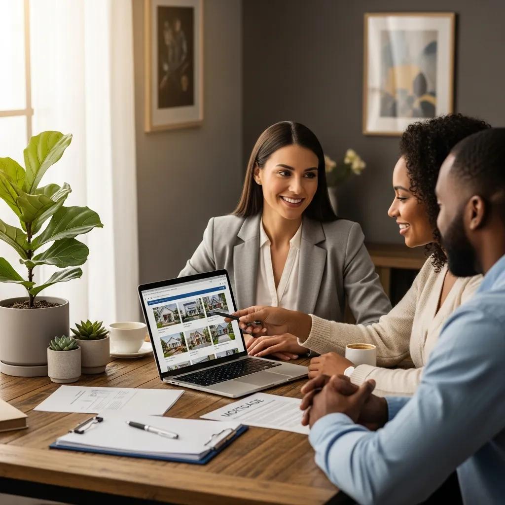 Mortgage broker assisting homebuyers in a cozy office setting