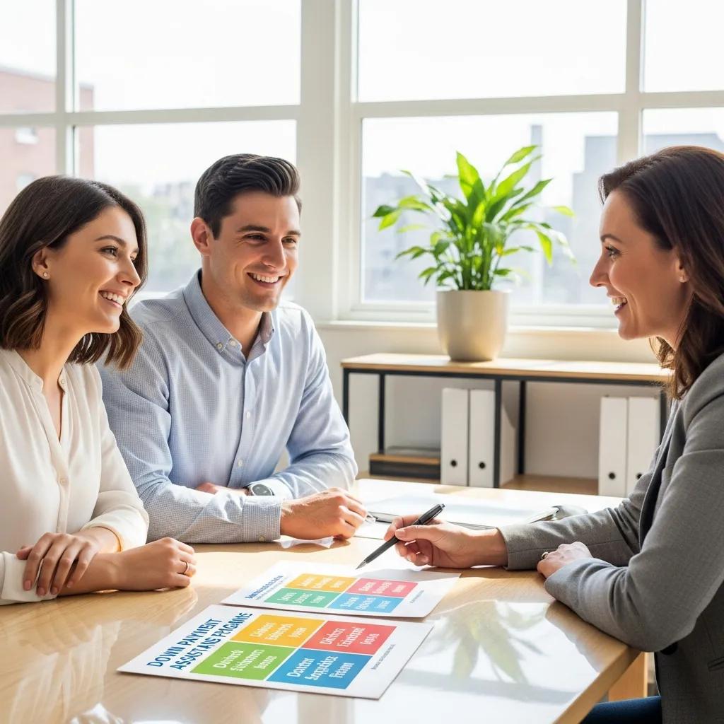 Couple consulting with mortgage advisor about down payment assistance programs