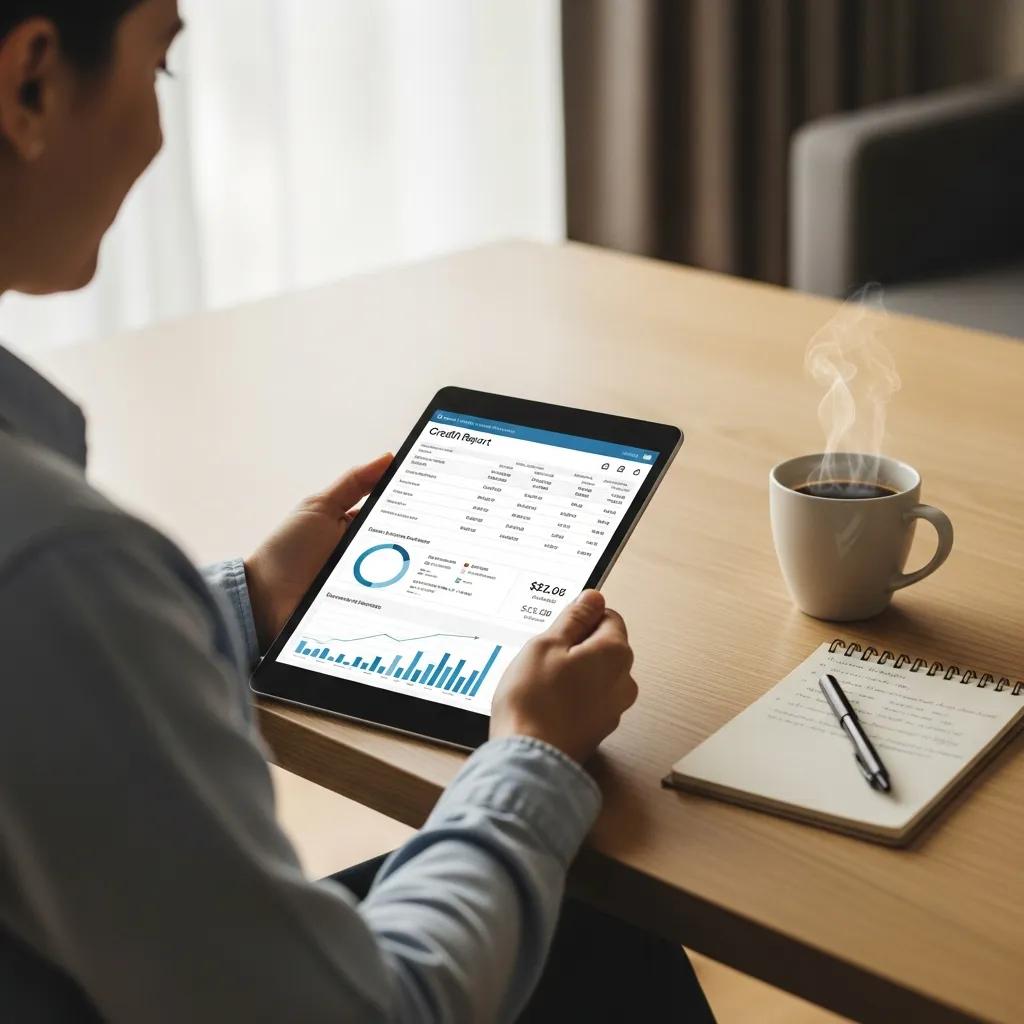 Individual reviewing credit report on a tablet at a desk with coffee