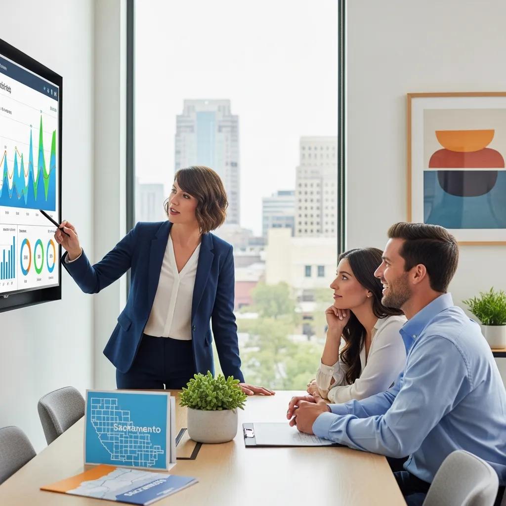 Real estate agent presenting market trends to interested buyers