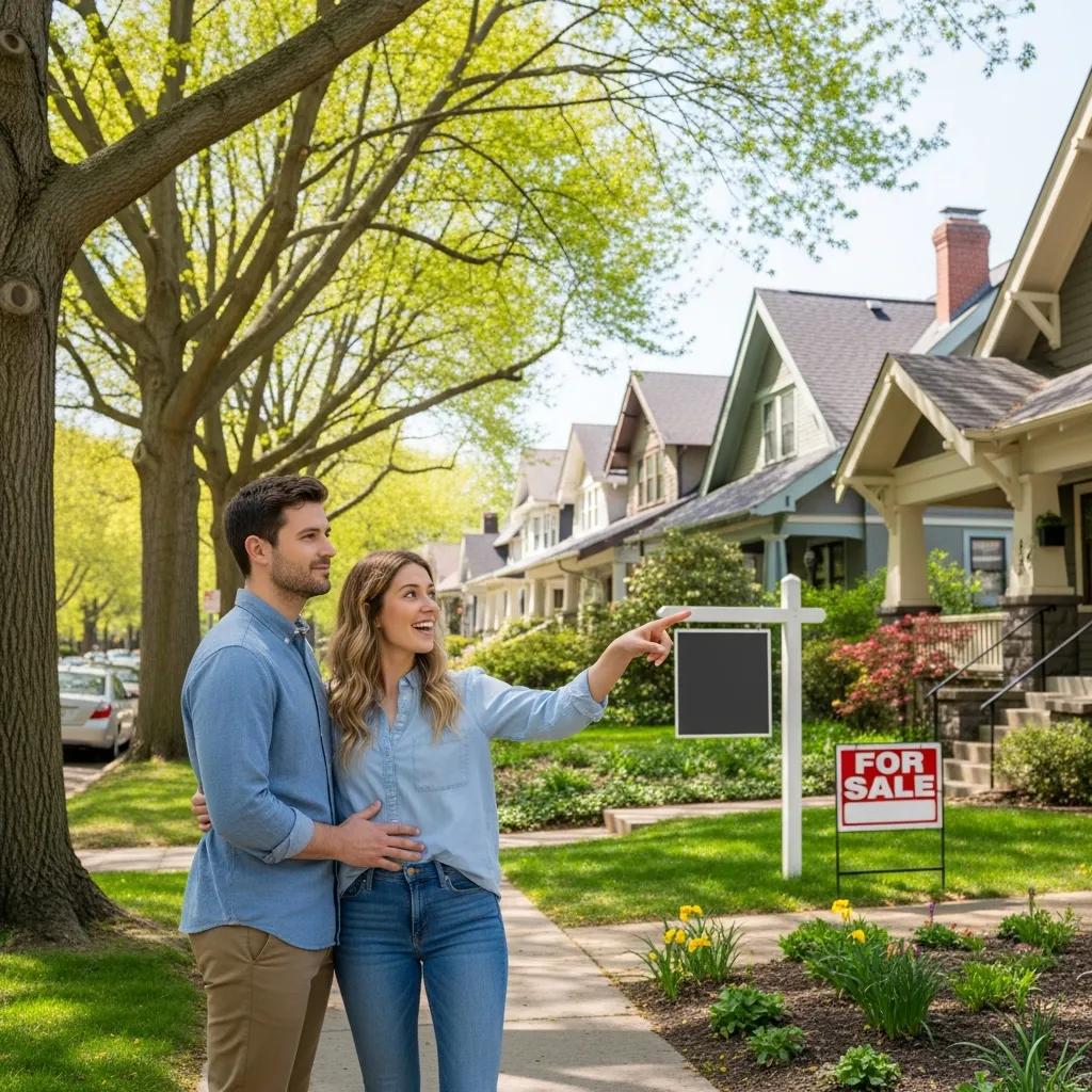 Young couple exploring a neighborhood while house hunting