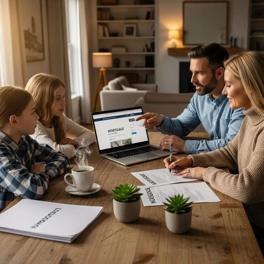 Family discussing mortgage options at a cozy dining table with a laptop and documents