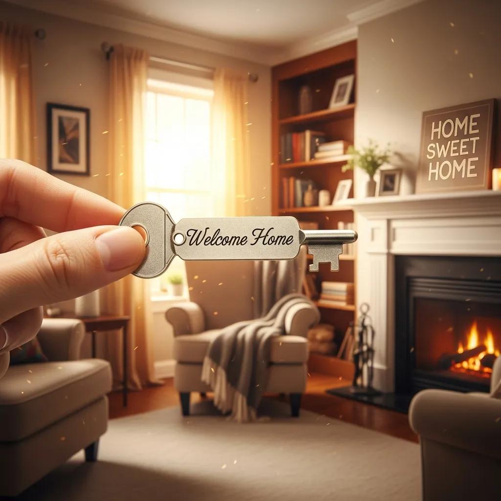 Hand holding a house key in a cozy living room, symbolizing the joy of homeownership