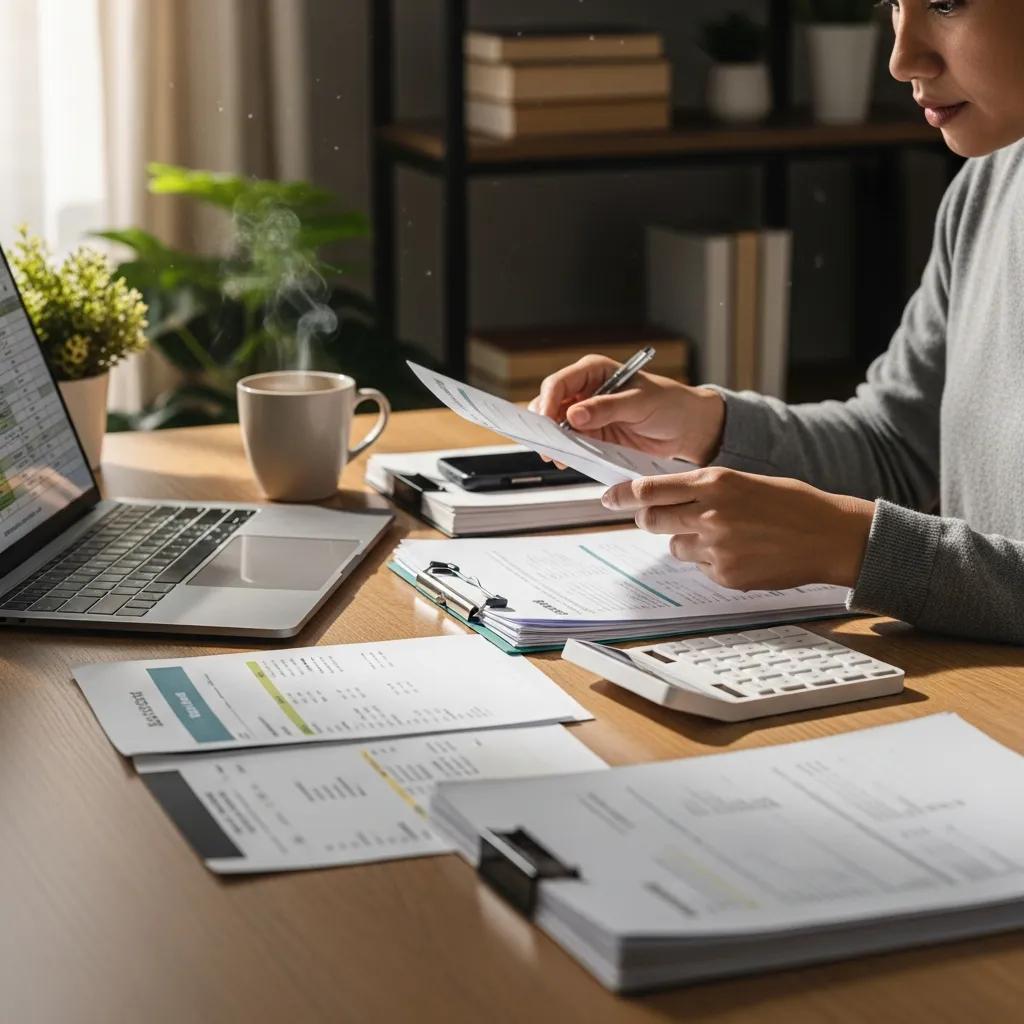 Person organizing financial documents for home loan pre-approval