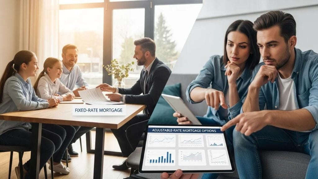 Family discussing fixed-rate mortgage and couple exploring adjustable-rate options