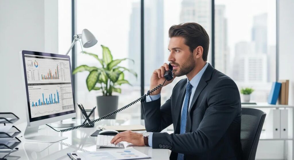 Mortgage broker negotiating competitive rates on the phone in a modern office