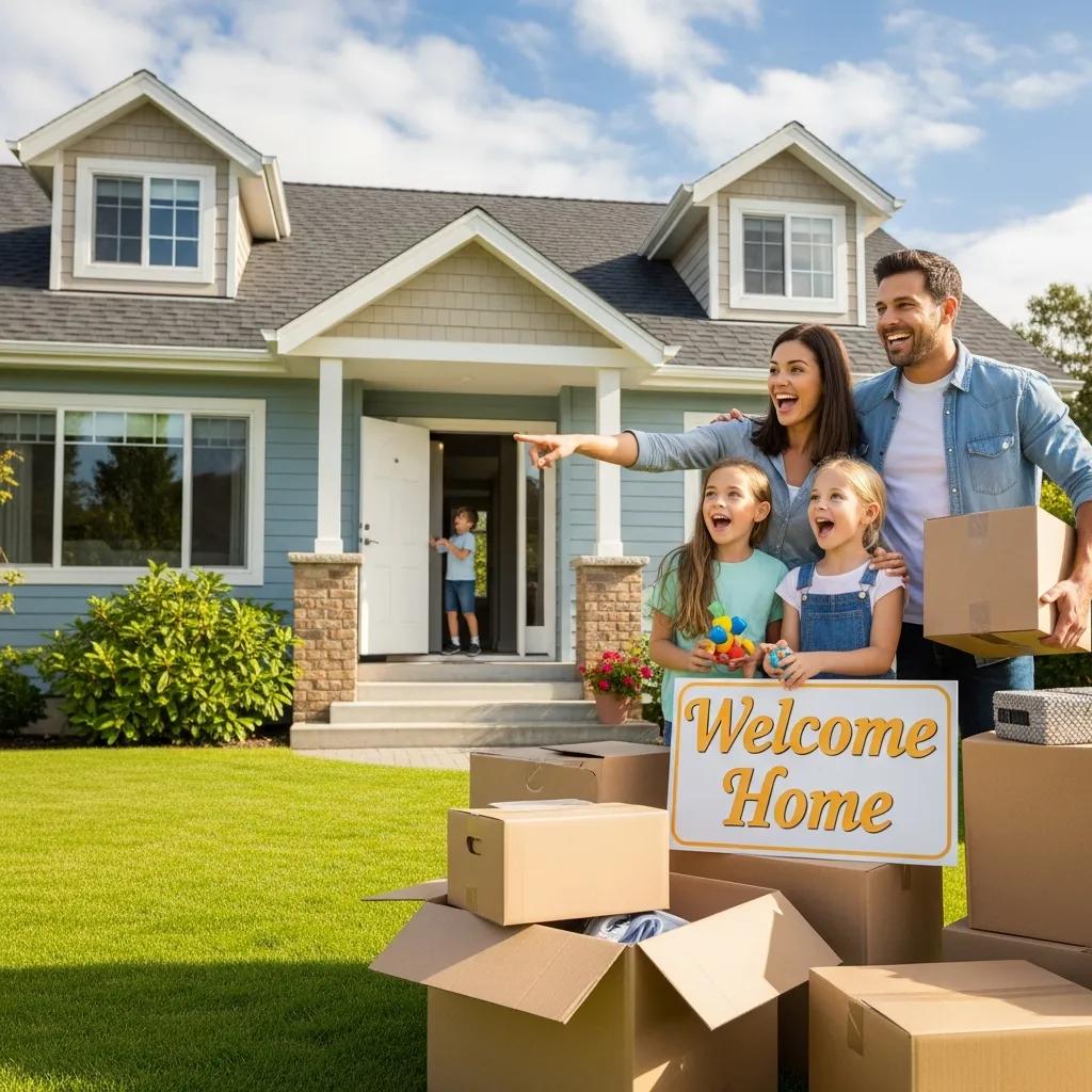 Family moving into their new home, celebrating homeownership