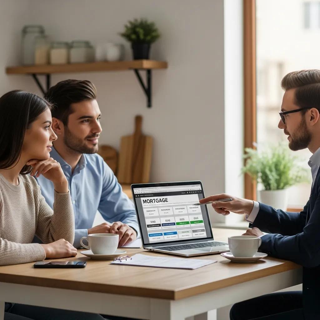 Why First Time Homebuyers Choose Mortgage Brokers 1 First-time homebuyers discussing mortgage options with a broker in a cozy kitchen setting