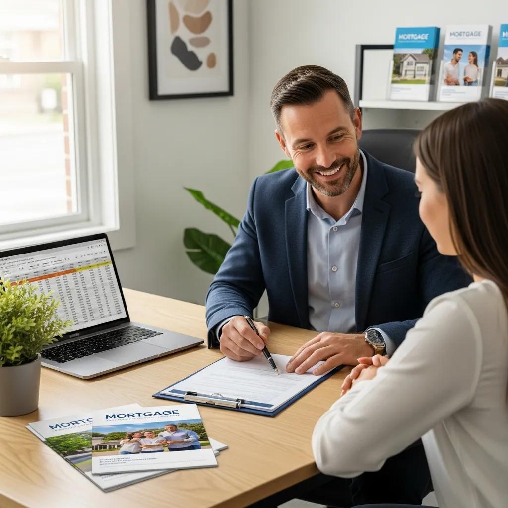 Mortgage broker offering personalized advice to a first-time homebuyer in a professional office