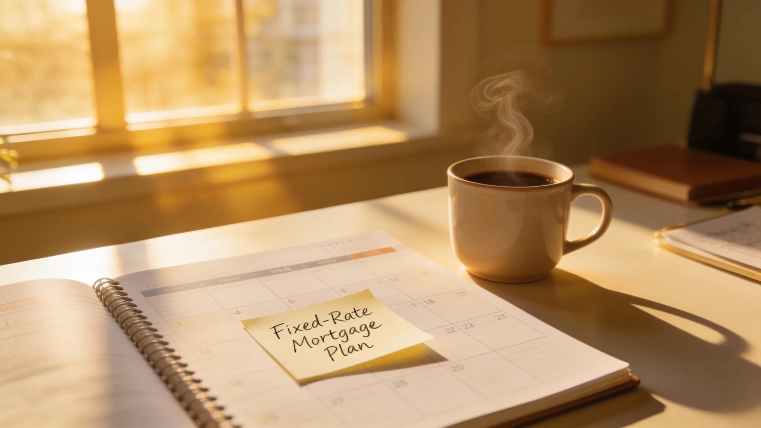 Home office with planner and coffee cup symbolizing financial stability