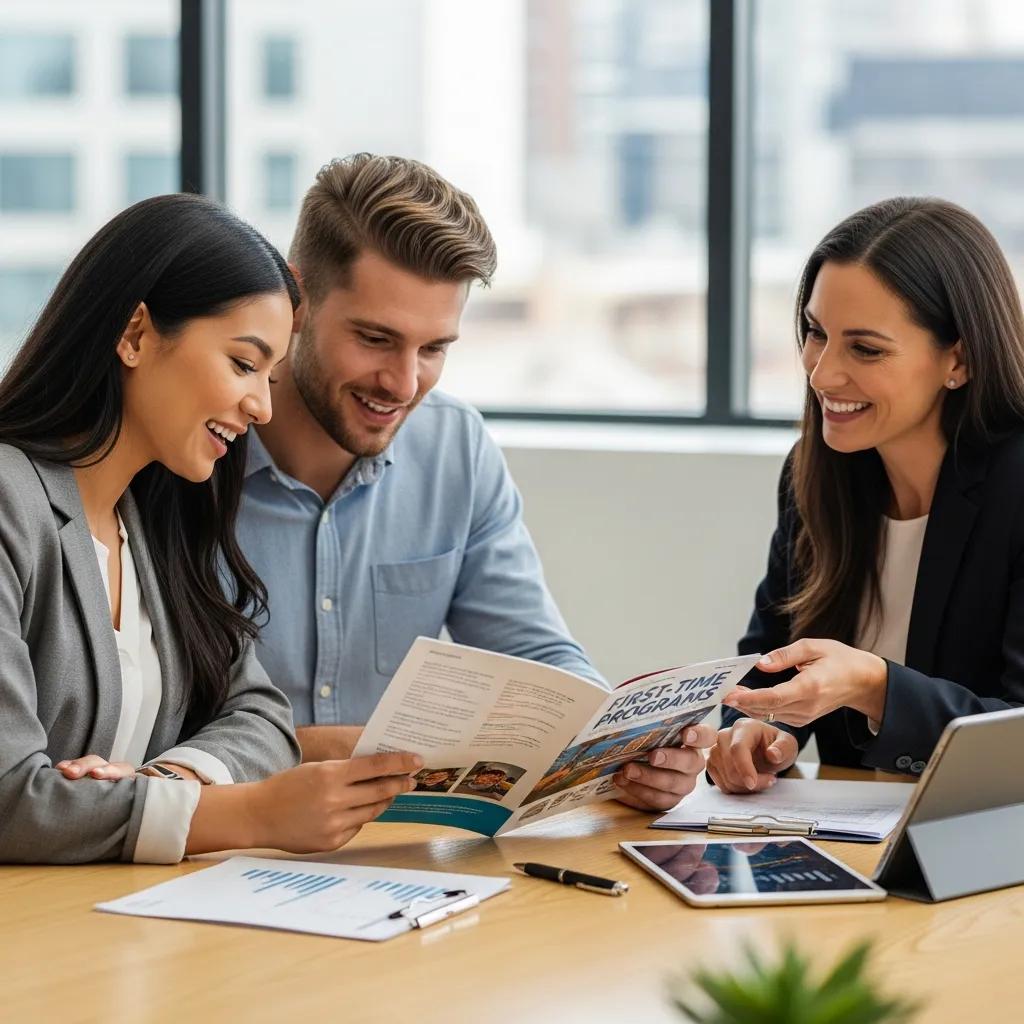 First-time homebuyers consulting with a mortgage broker about loan programs