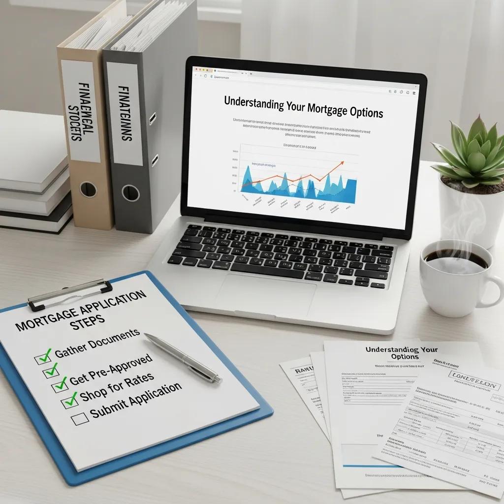 Visual guide of the mortgage application process with checklist and laptop