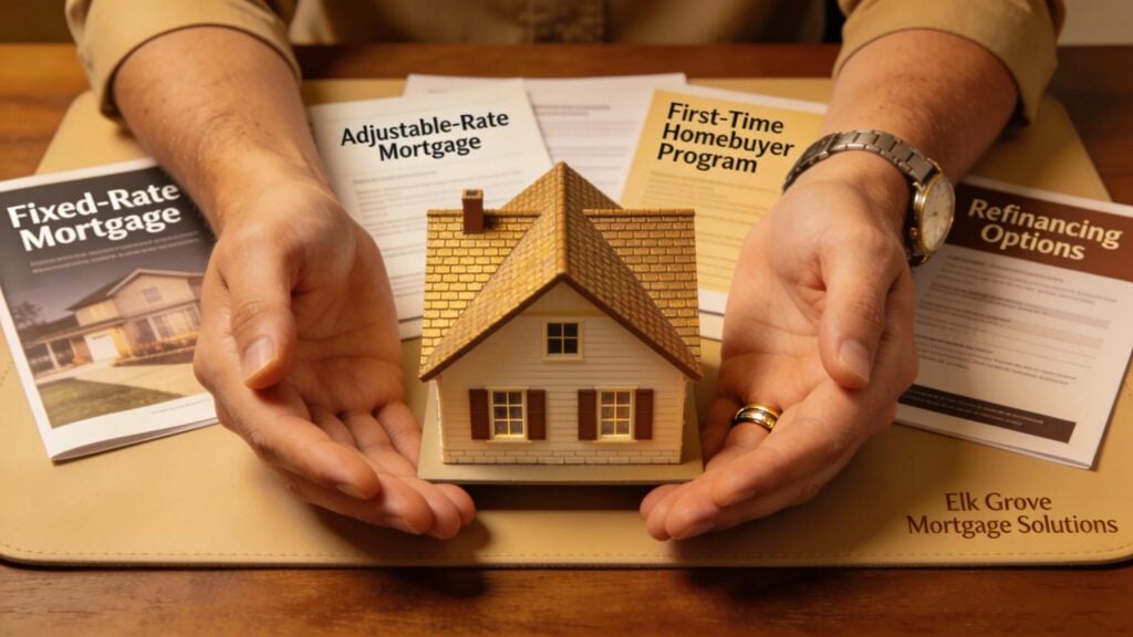 Hands holding a house model with mortgage documents representing different loan types