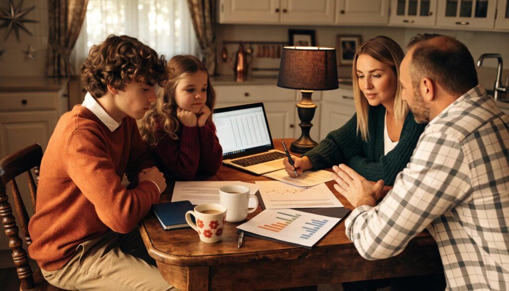 Family discussing fixed-rate mortgage options at a cozy dining table, symbolizing financial planning and stability