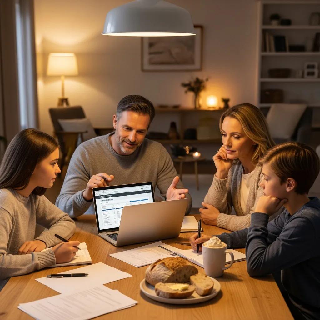 Family discussing fixed-rate mortgage options at a cozy dining table, symbolizing financial planning and stability