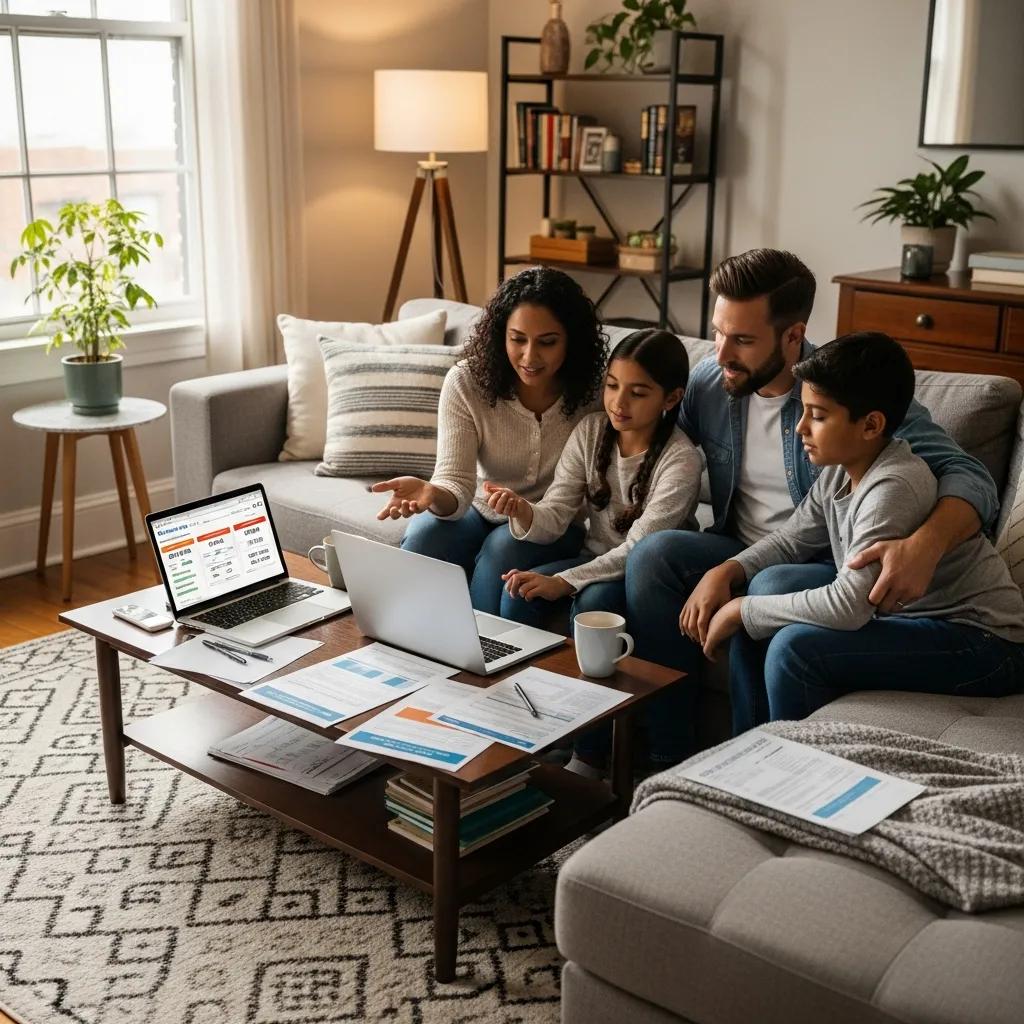 Family discussing mortgage refinancing in a cozy living room, emphasizing financial empowerment