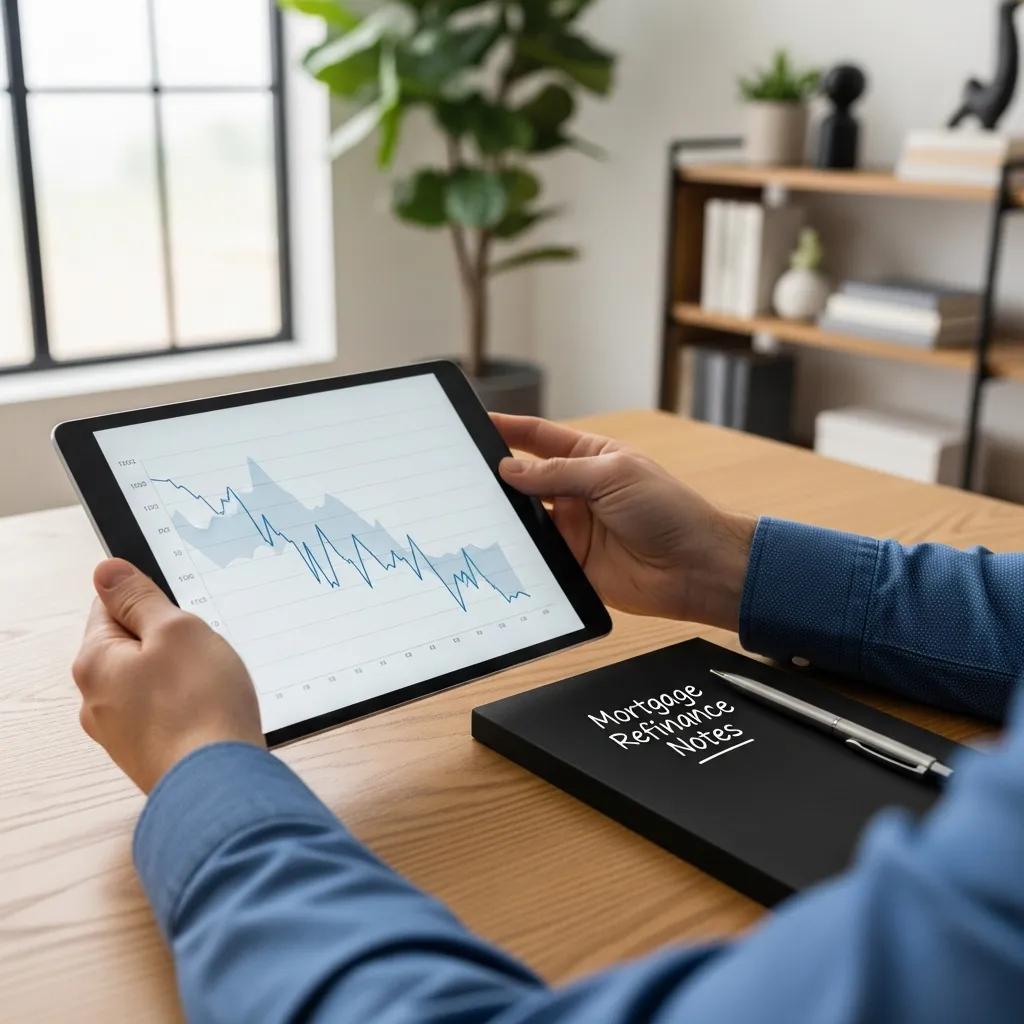 Person reviewing mortgage refinance rates on a tablet in a modern home office