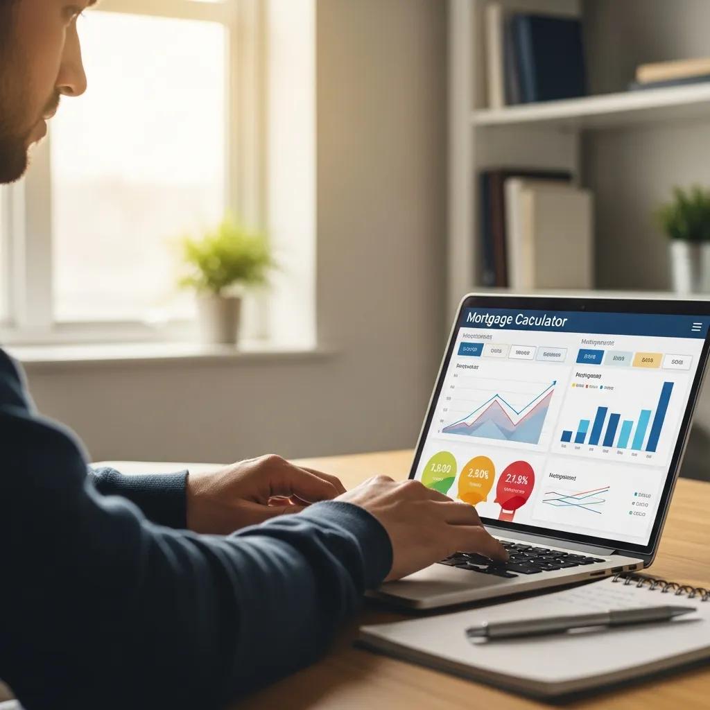 Person using a mortgage calculator in a home office, illustrating the process of financial planning for homebuyers