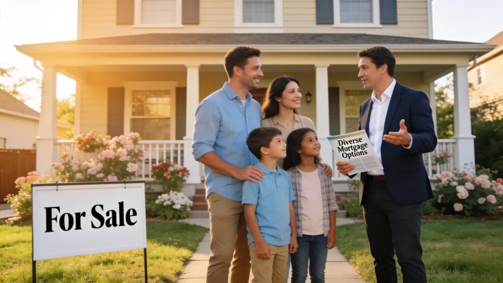 Family discussing mortgage loan types with a consultant near a house for sale