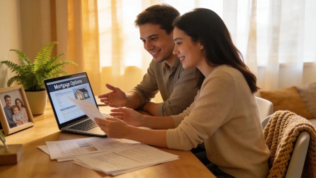 Young couple discussing home mortgage options at a cozy desk with paperwork and laptop