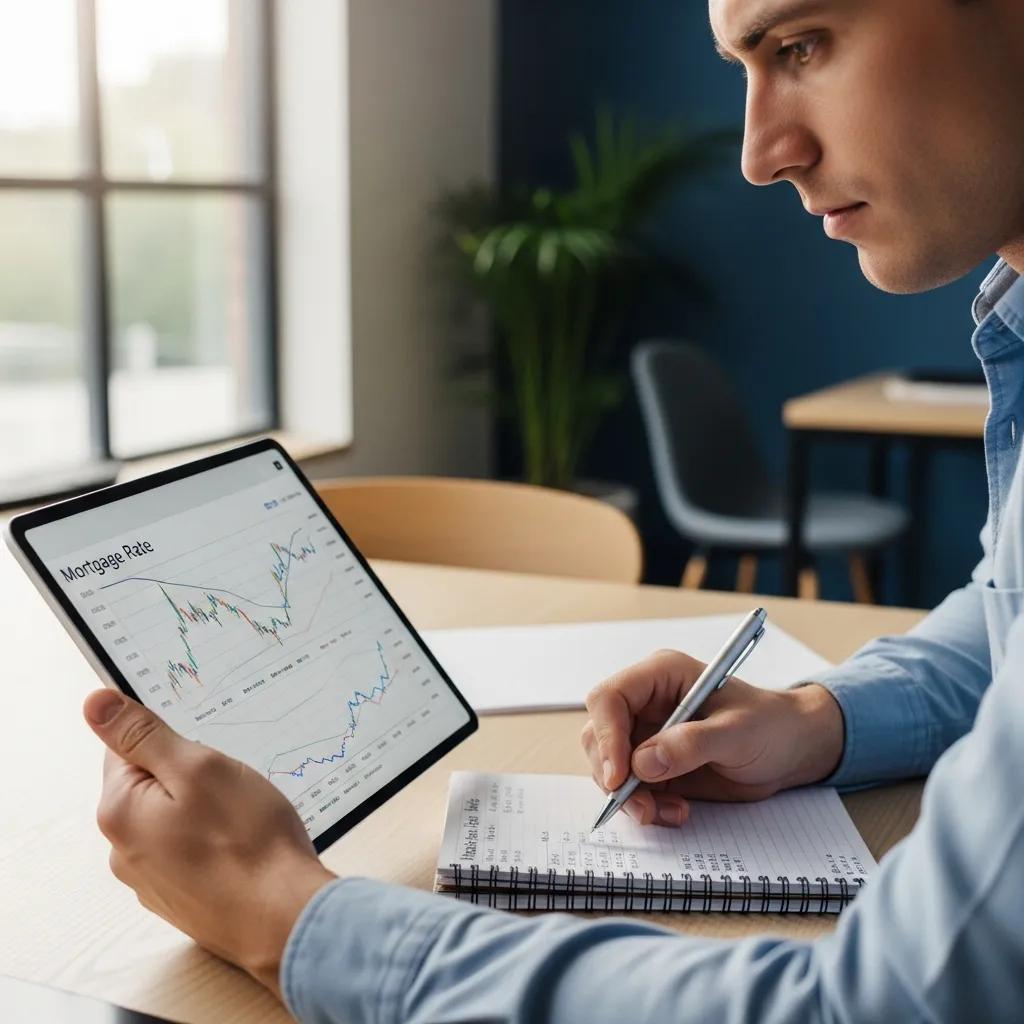 Person analyzing mortgage rate charts on a tablet in a modern office, highlighting the importance of financial planning